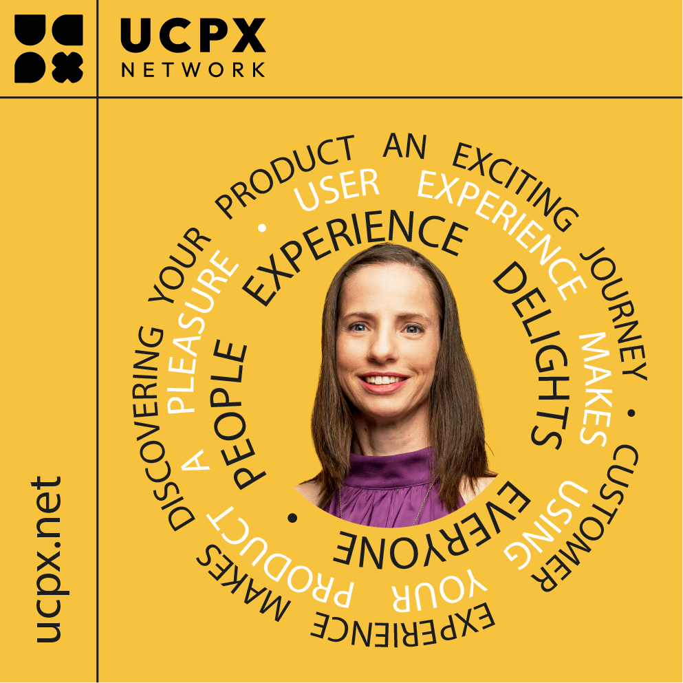 Portrait of Christiane Moser in the UCPX Network's yellow circular visual with experience-related keywords.