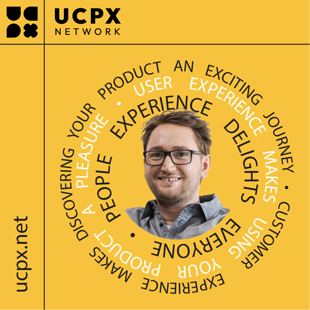 Portrait of Johannes Lehner in the UCPX Network's yellow circular visual with experience-related keywords.